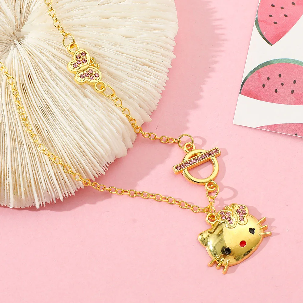 Anime Hello Kitty Sanrio Necklace Y2K Collar Kawaii Adjustable Pendant Golden Diamonds Jewelry Accessory Girl Gifts