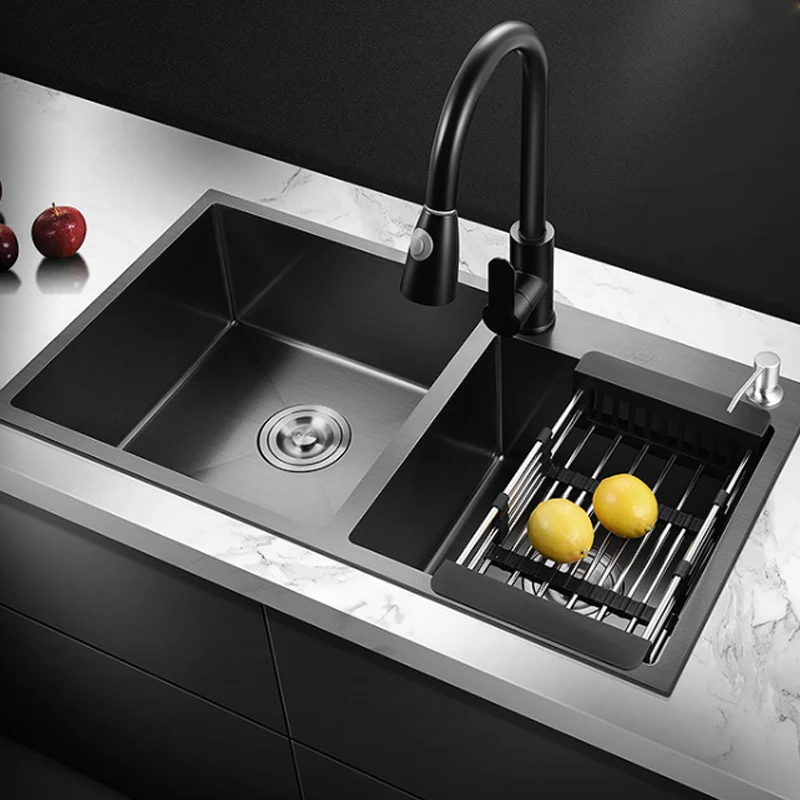 Fregadero de cocina negro Nano de acero inoxidable 304, lavabo de verduras para el hogar, accesorio con grifo de cocina, accesorios de drenaje, montaje superior