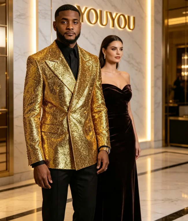 Gold Shiny Prom Men Suits Customized Slim Fit Double Breasted Groom Wedding Tuxedos 2 Pieces Sets Male Party Blazers Ropa Hombre