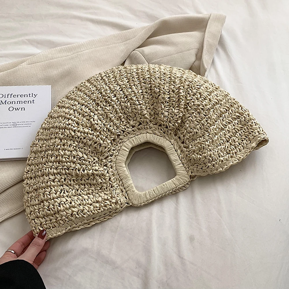 

Women Handmade Straw Tote Bag Large Capacity Bohemia Moon Handbag Solid Color Simple Weaving Wrist Bag Summer Beach Bag