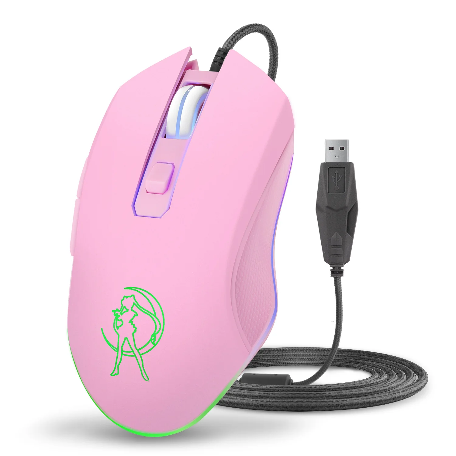 

Wired Silent Mouse Colorful Glowing Pink Gaming Mouse Beautiful Girl Silent Wired Mouse 2400dpi Ergonomics for PC Laptop