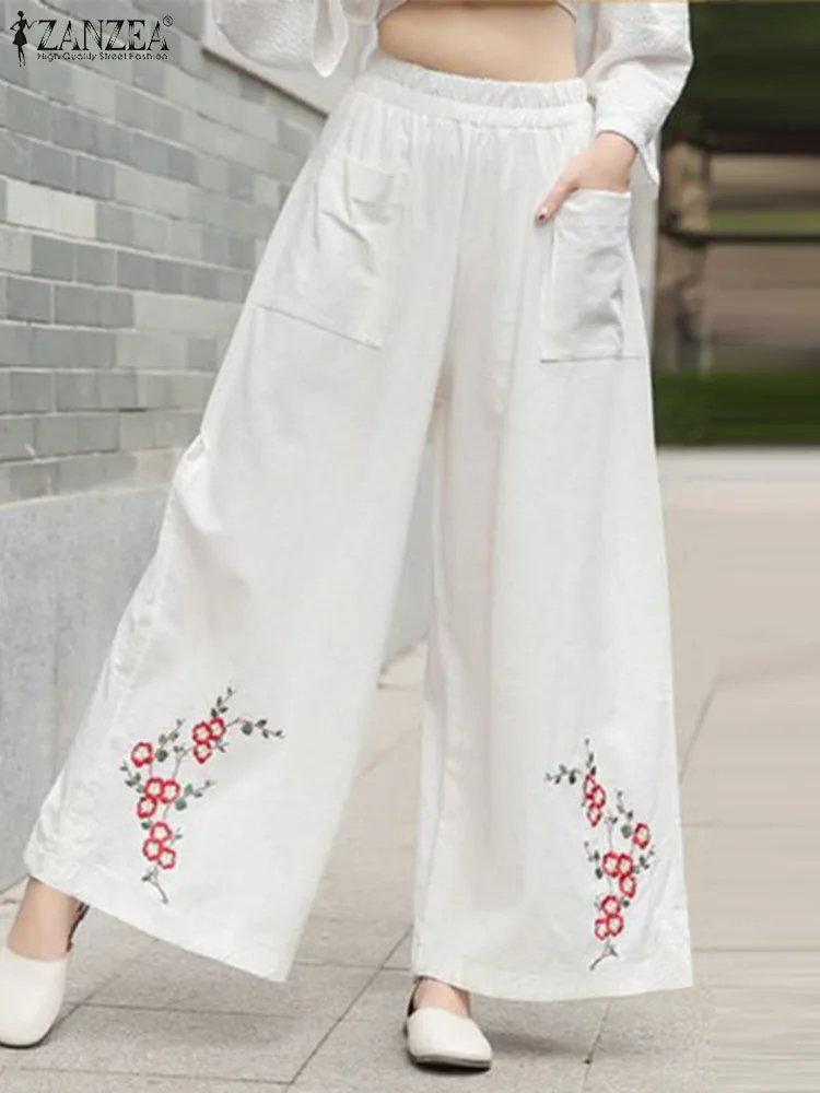 ZANZEA-pantalones de pierna ancha con cintura elástica para mujer, calzas largas holgadas e informales con bordado de flores, Estilo Vintage, para