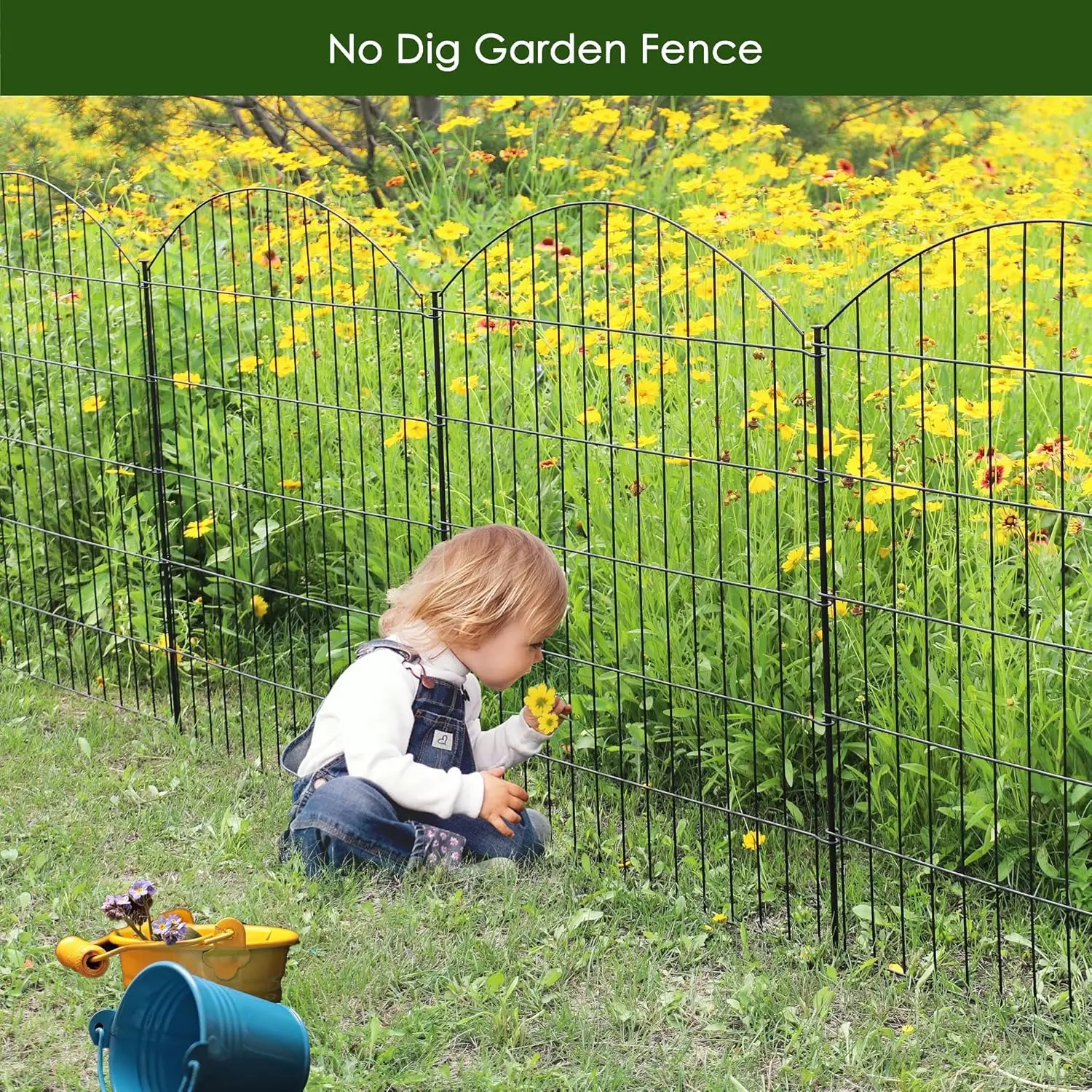 Metal Garden Fence Outdoor , 43.2in H x 14.75 ft L, No Dig Temporary Dog Fence Border Fencing