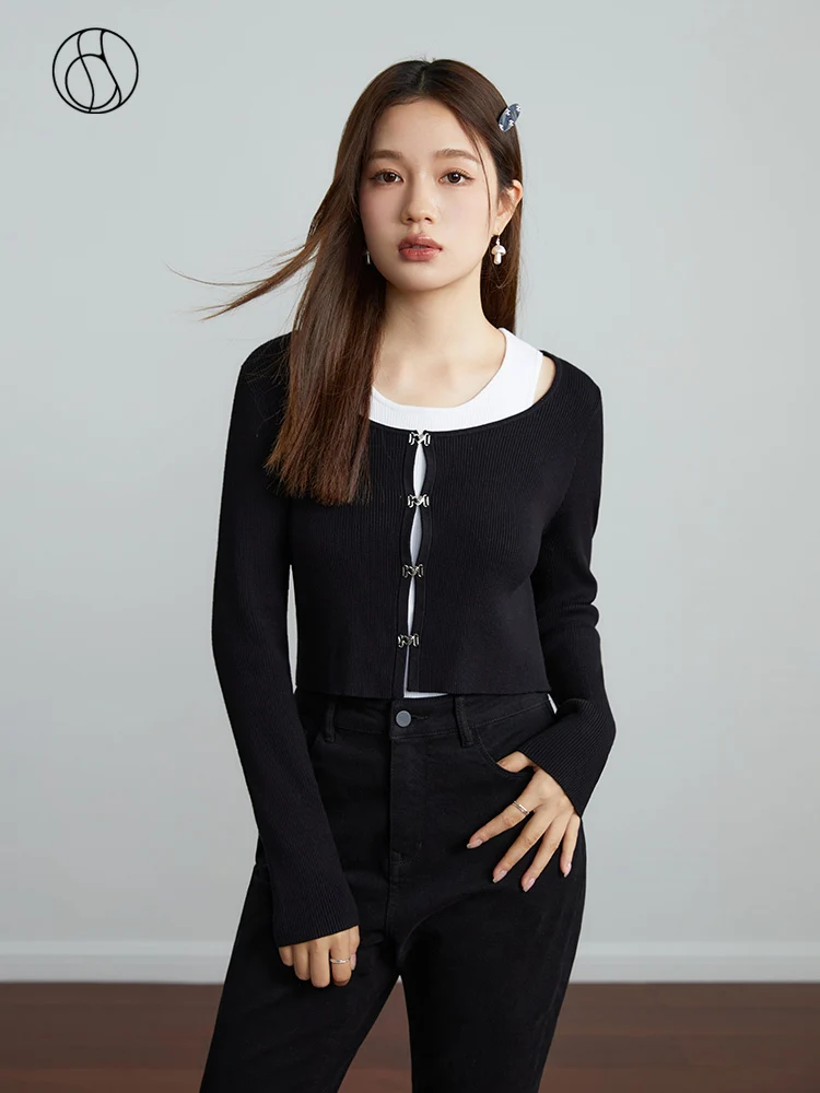 DUSHU【Vest+Cardigan】Two Piece Women Set Simple Round Neck Female Sweater Heart Shape Metal Button Design Ladies Cropped Knitwear