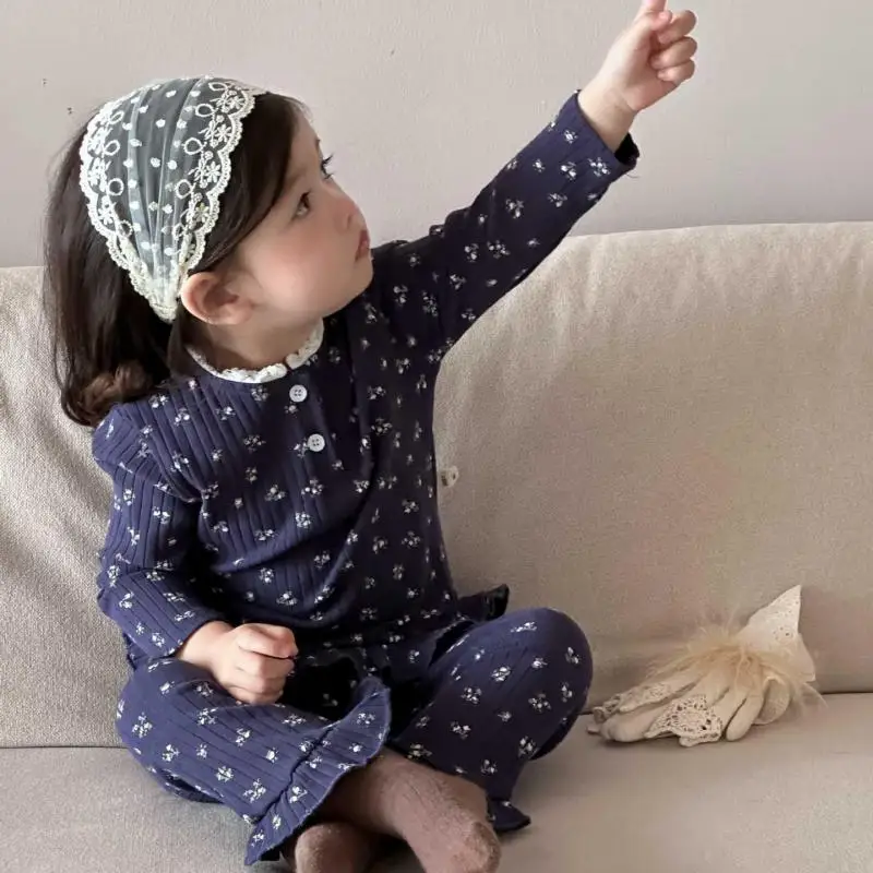2025 Autumn New Baby Long Sleeve Clothes Set Cute Lace Collar Girls Sweet Floral Tops + Pants 2pcs Suit Toddler Casual Outfits