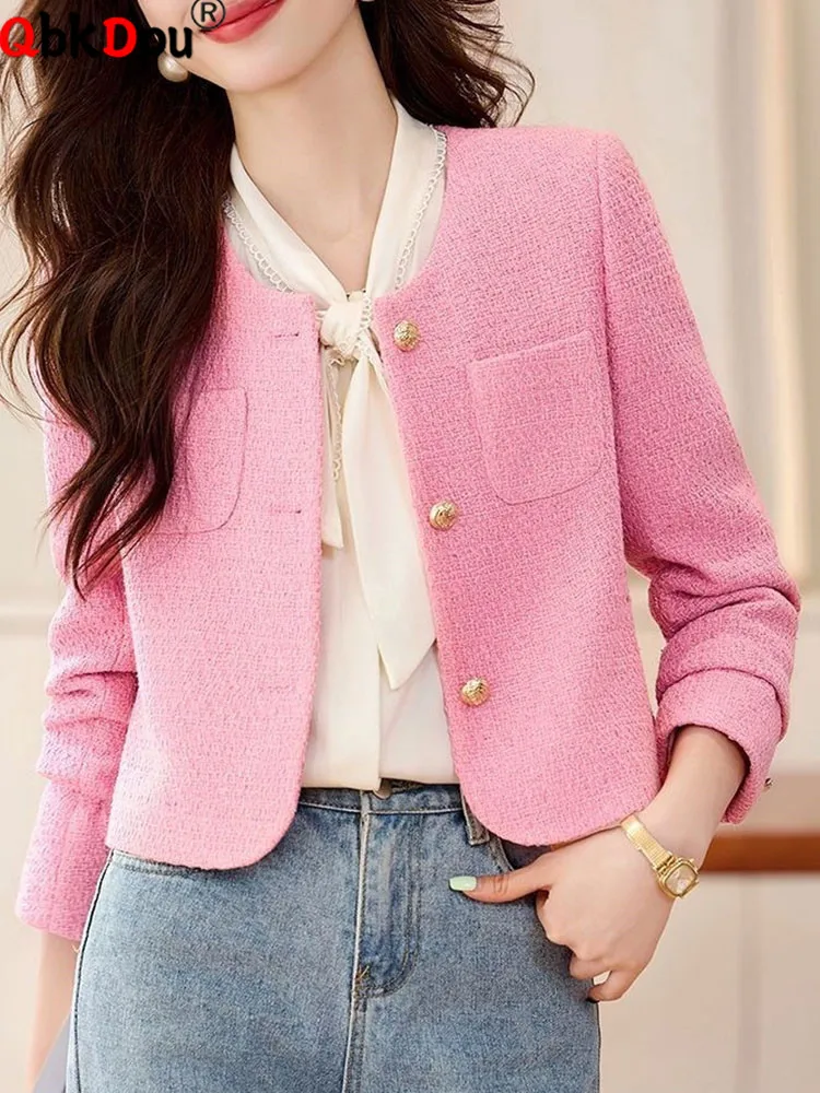 

Korean Fashion Pink Outerwears Women Casual Loose O-neck Single Breasted Short Jackets Spring Fall Long Sleeve Chaquetas Blusas