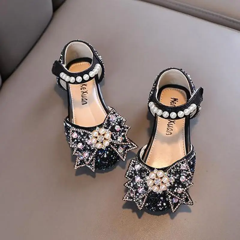 Summer Sweet Girls Sandals Fashion Kids Sequined Bow Rhinestone Princess Sandals Children's Pearl Soft Dance Shoes H952