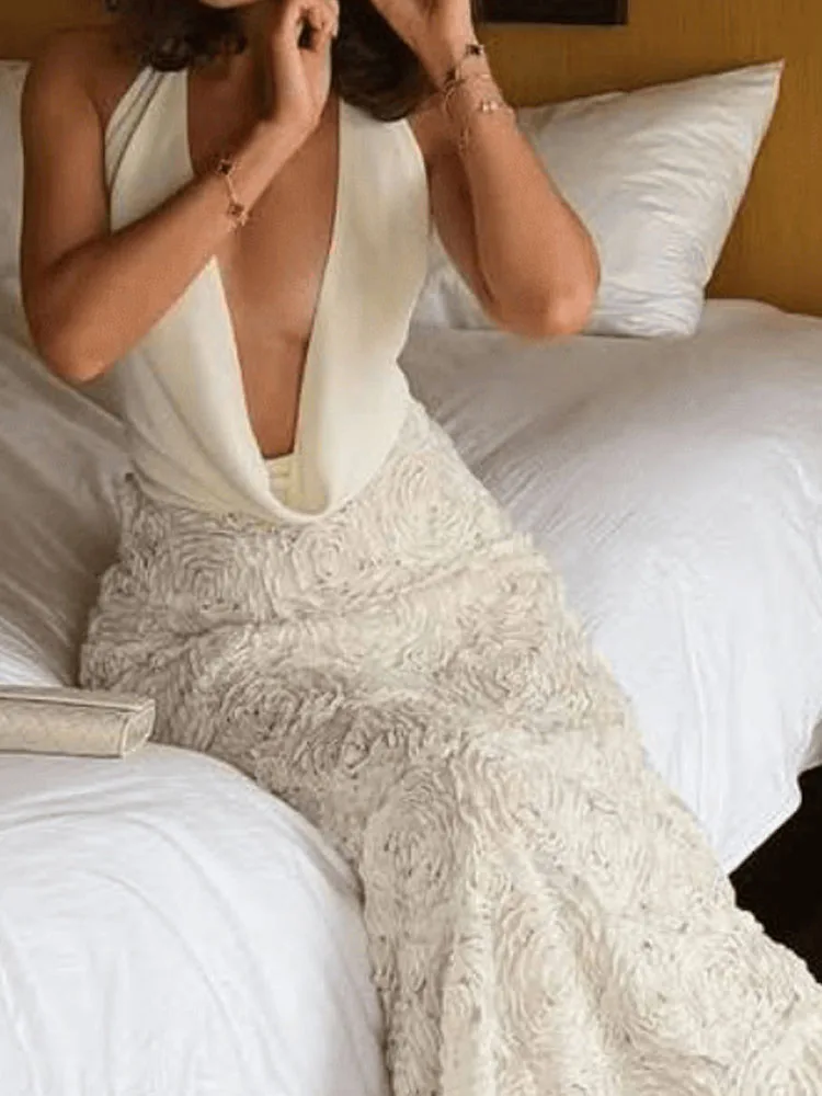 ชุดราตรีผ้าลูกไม้ผูกคอแบบหรูหรา ผู้หญิงเซ็กซี่ แขนกุด ชุดยาวสีพื้น แฟชั่นประดับดอกไม้สามมิติ ชุดเดรสยาว