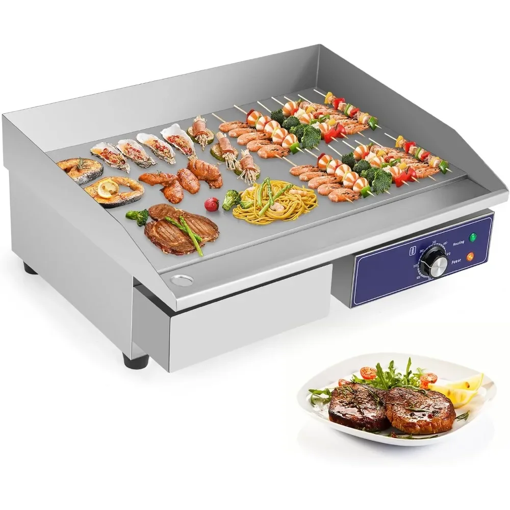 Electric Grill, 22" 2000W, Cast Iron Griddle, Stainless Steel Frame, Adjustable Temperature, Oil Storage Box, Commercial Griddle