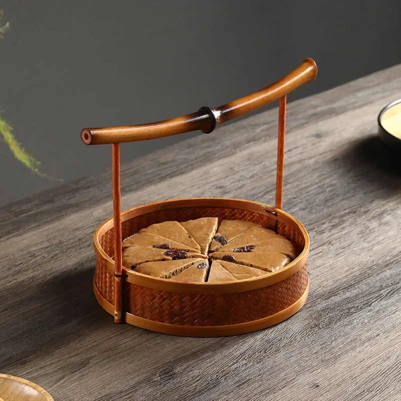Handmade Bamboo Weaving Retro Basket Organizer Snacks Fruits Chinese Tea Set Storage Family Living Room Decor