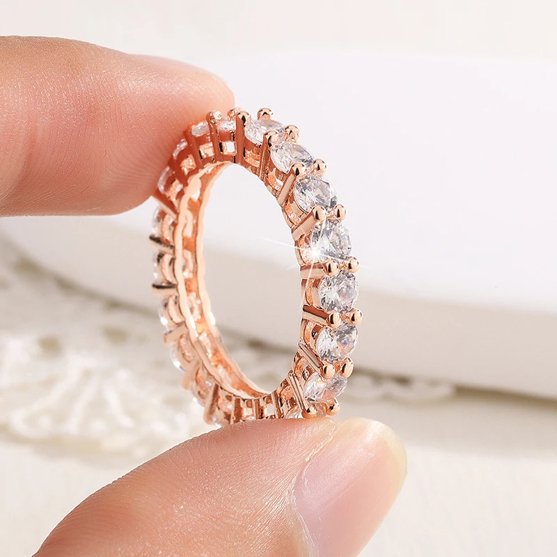 925 Stamp Fashion White Zirconia Row Diamond Ring Women Slim Rose Gold Ring Party Wedding Birthday Jewelry Gift