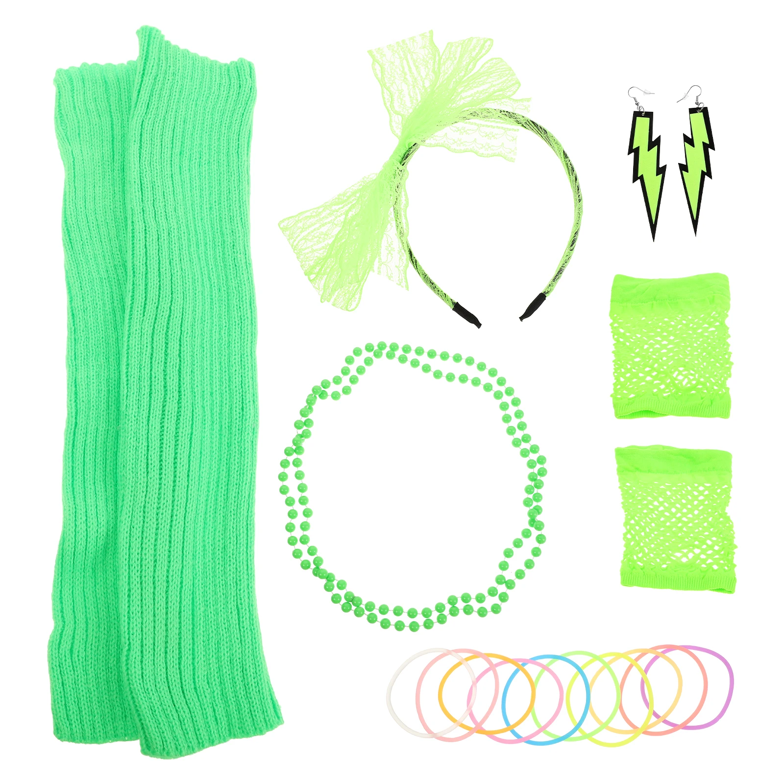 

80s Dance Party Set Neon Green Necklace Lace Headband Earrings Leg Warmers 80s Retro Costume Neon Girl Clothes Glow Party Outfit