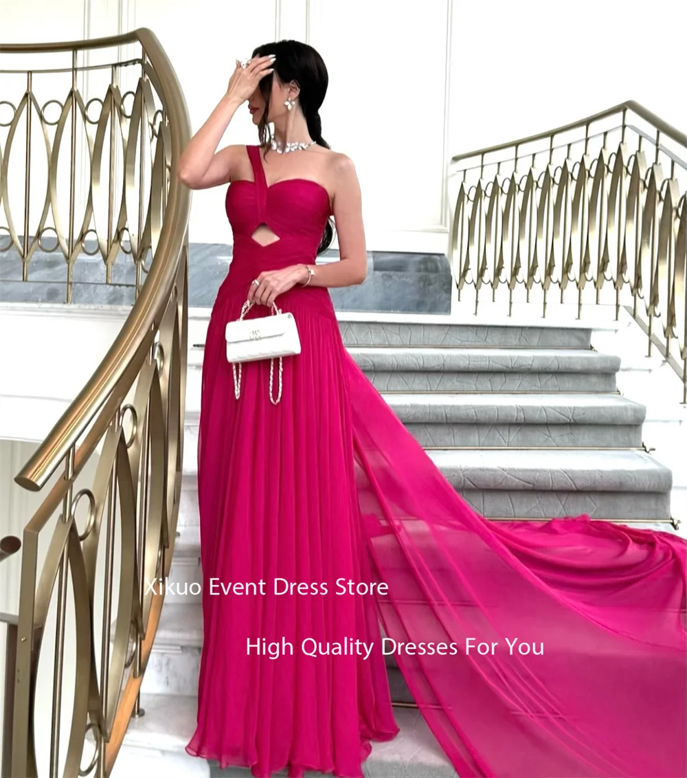 Xikuo fúcsia chiffon cortar vestidos de noite assimétrico ombro plissado vestidos de festa elegantes vestidos de fiesta personalizados