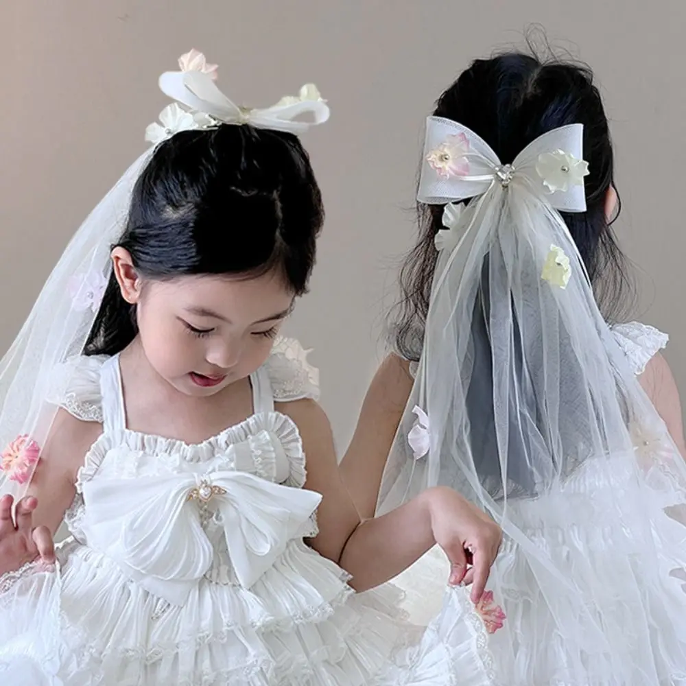 

New Flower Girls Bow Garland Veils Wedding Party Tulle Wreath Photography Children Princess Headwear Hair Accessories