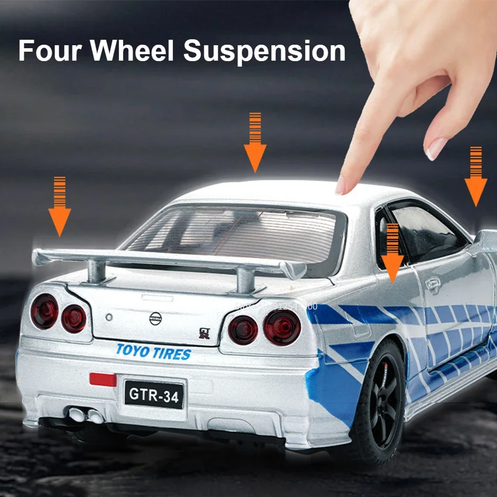 1:32 escala GTR-R34 r35 modelo de carro esportivo brinquedo roda direção liga diecast veículos modelos som luz puxar para trás presentes para crianças