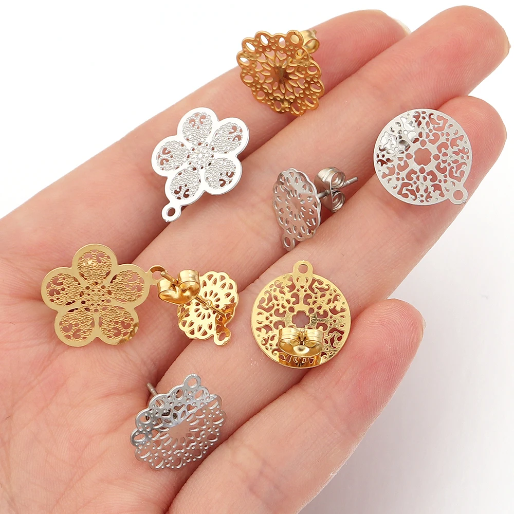 2pcs Stainless Steel Flower Ear Studs Metal Hollowed Out Earrings Base With Earplugs For DIY Jewelry Making Earrings Accessories - view 3