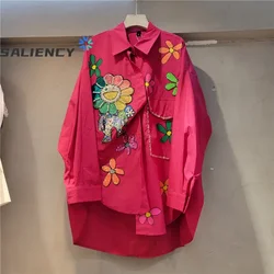 SALIENCY Spring Summe Heavy Industry 3D Flower Blouse Women Mid Length Diamond Print Candy Color Shirt Spring Loose Top