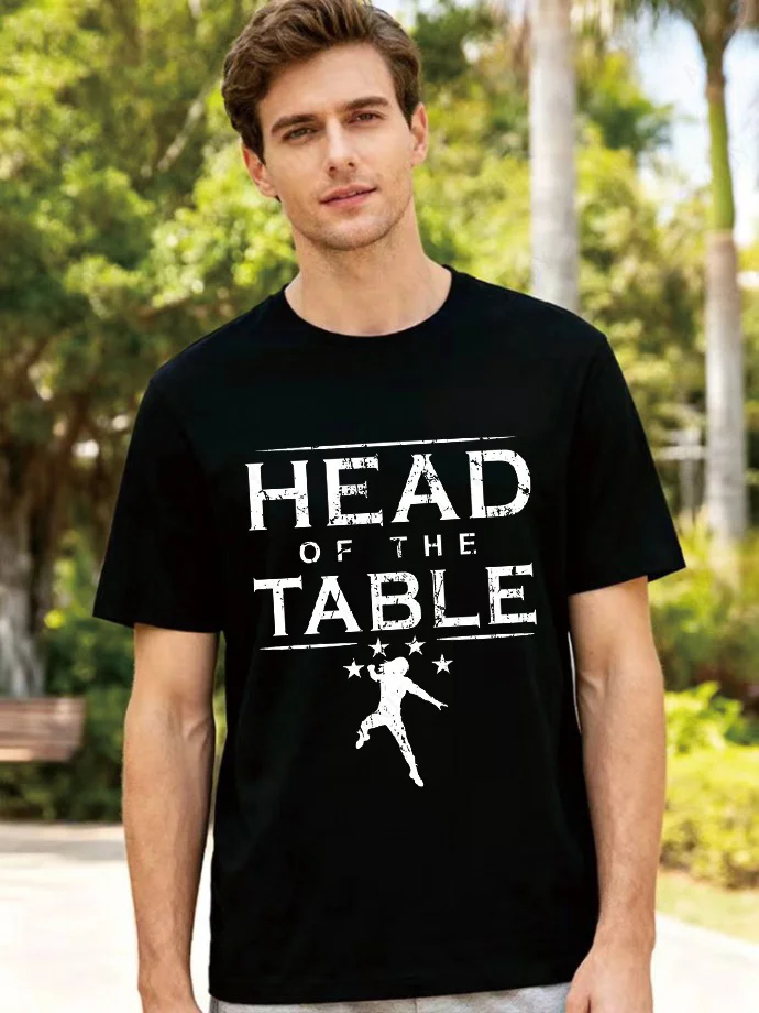 American Retro Vintage Letter Printed Short Sleeved HEAD OF THE TABLE Men's Pure Cotton Round Neck T-shirt