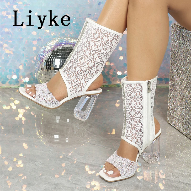 

Liyke/летние ботильоны с открытой сеткой, сандалии, модные женские ботильоны с квадратным открытым носком, прозрачные ботинки на каблуке с резьбой, черные, белые