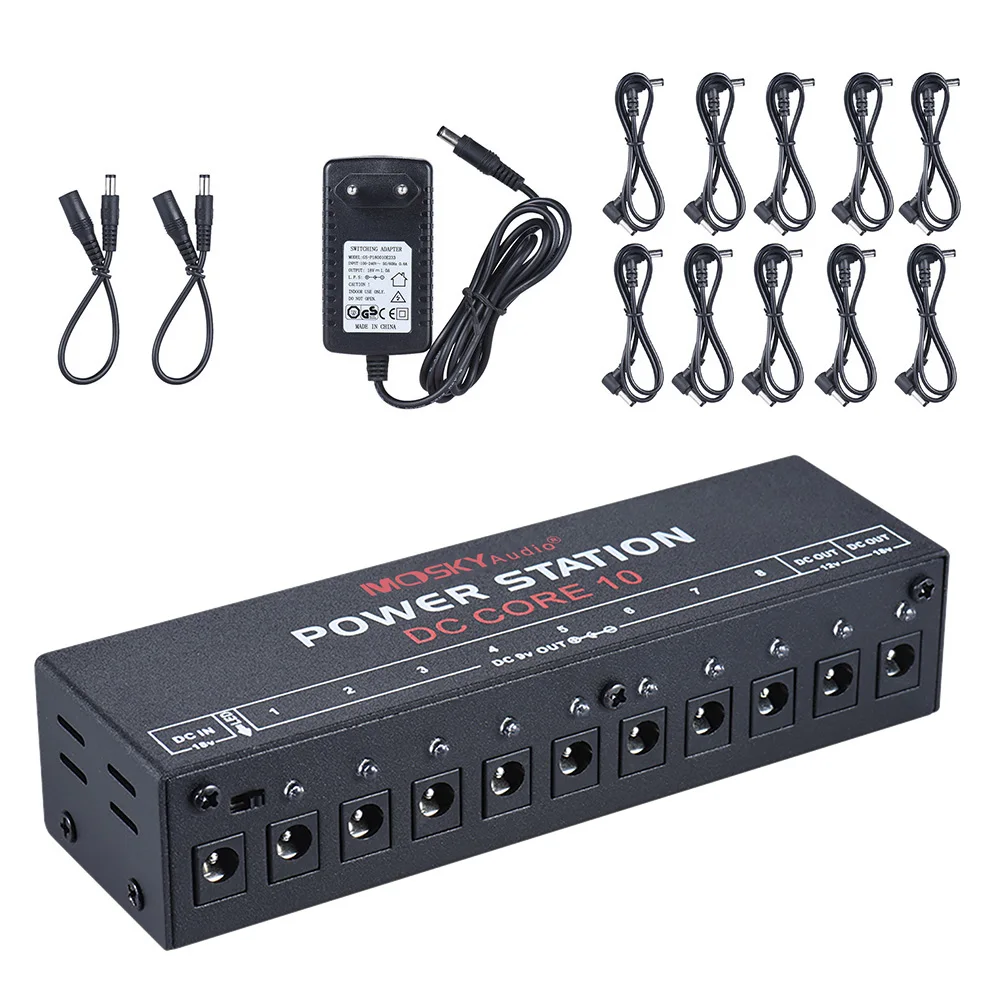 MOSKY Audio Mini Power Supply Station 10 Isolated DC Outputs for 9V 12V 18V Guitar Effect with Power Cables Instrument Accessory