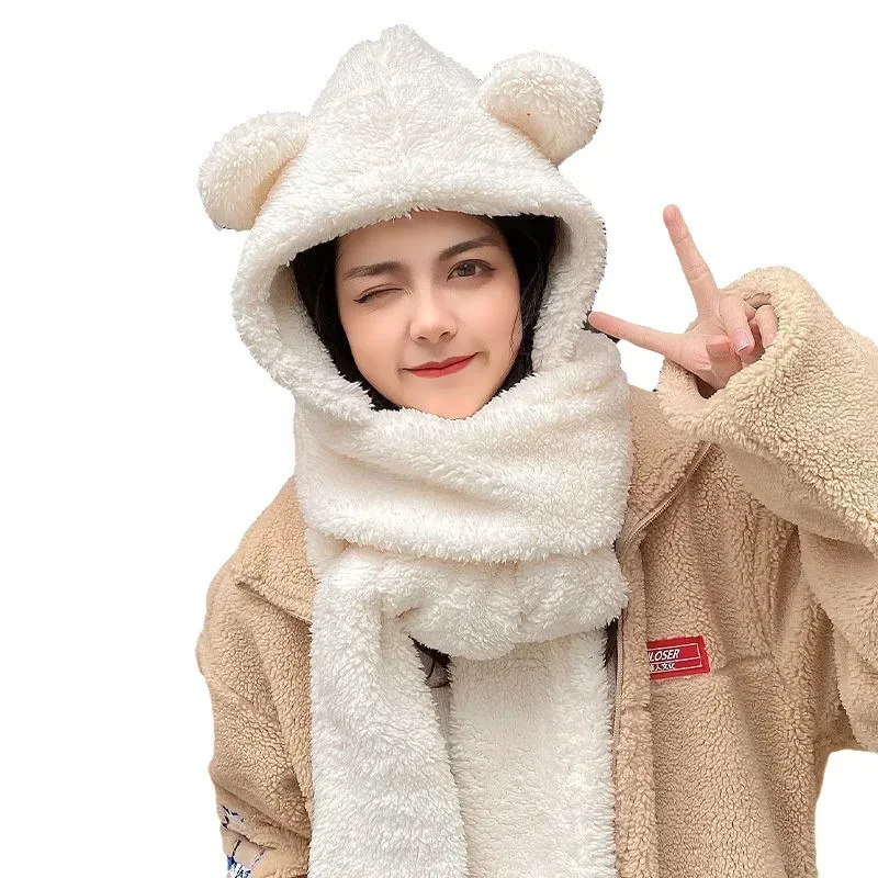 4PCS 3-in-1 Little Bear Hat Scarf Gloves Plush Double Layer Thickened Multi Functional Ear Protection Warm Hat