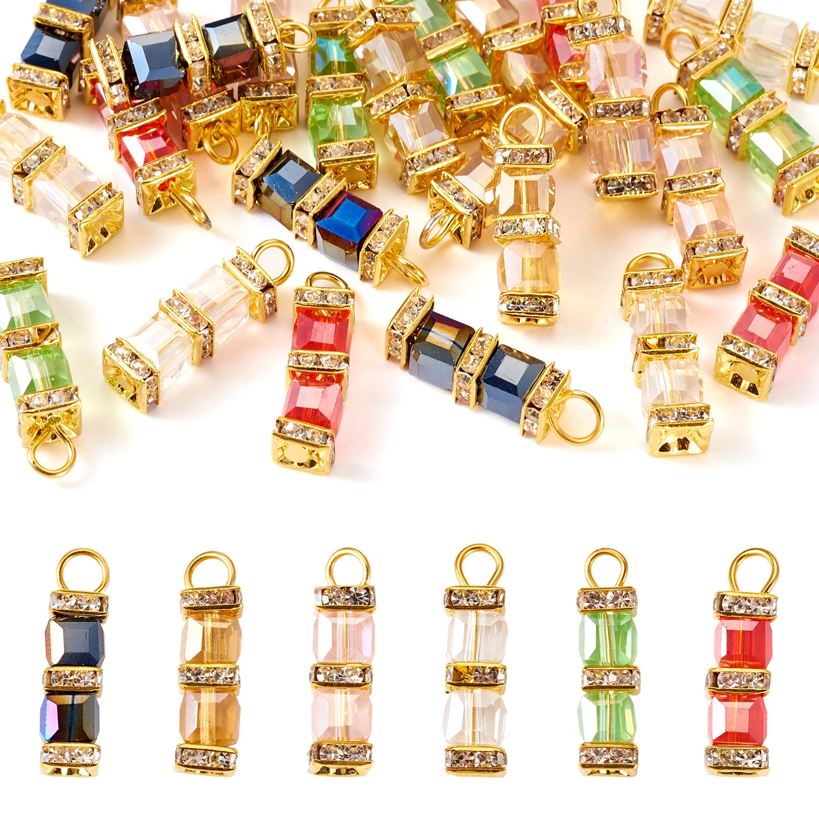 

24pcs Glass Rectangle Pendants with Golden Color Brass Spacer Beads and Iron Loops for Earrings Necklace Jewelry Making Crafts