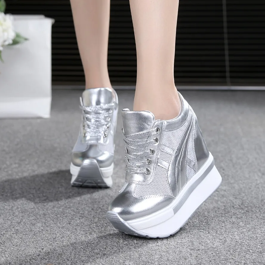 Women's White Korean Style Breathable Mesh Casual Shoes 10cm Height Increase Wedge Platform Versatile