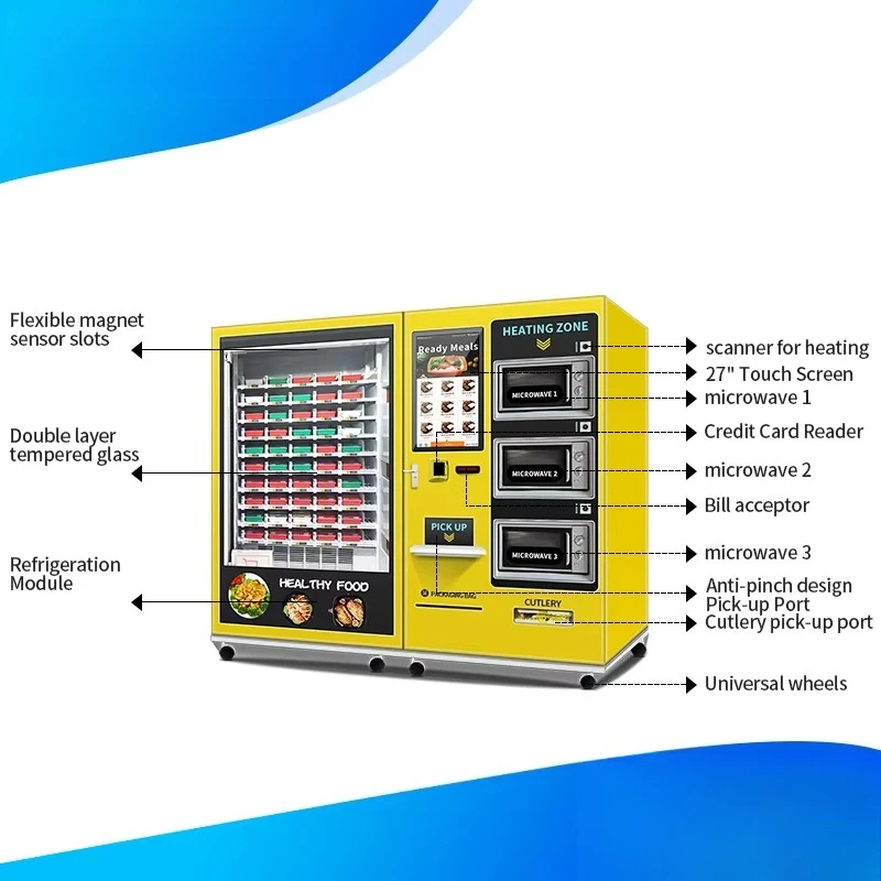 تخصيص الصالة الرياضية الغذاء الصحي آلة بيع النظام الغذائي المغذي شبه التلقائي مخصص آلة بيع الأطعمة الساخنة مع 3 الميكروويف