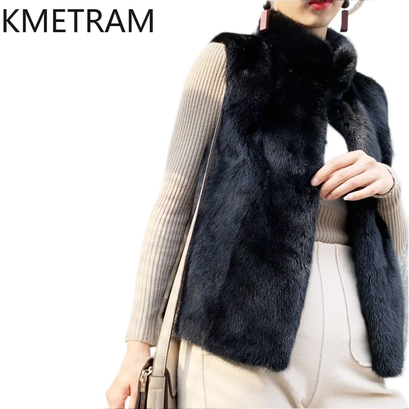 เสื้อขนสัตว์มิงค์แท้ 100% สีดำ คอตั้ง เสื้อขนสัตว์ผู้หญิง เสื้อผ้าฤดูหนาว แขนกุด เสื้อโค้ทขนสัตว์แท้ 2025