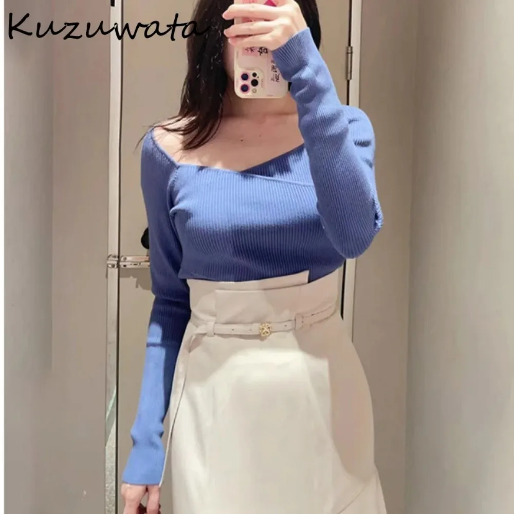 Kuzuwata Cross V Neck Long Sleeve Jumpers Fashion Solid All-match Cropped Knitted Top Japan Sweet Pullover Bottomed Sweaters