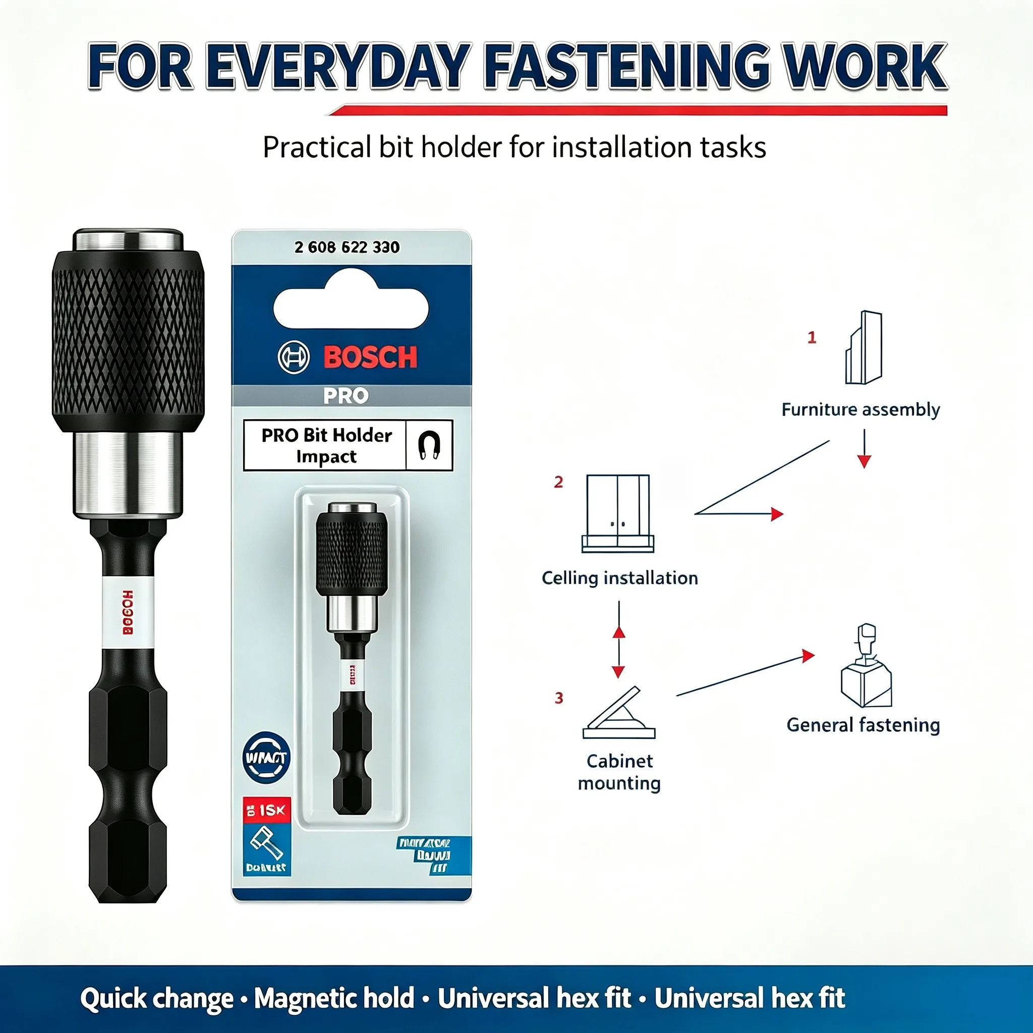 BOSCH 2608522320 PRO Impact Bit Holder Quick Change 60 mm 1/4-Inch Hex Shank Pick Click High Hardness Durable Tool Attachment