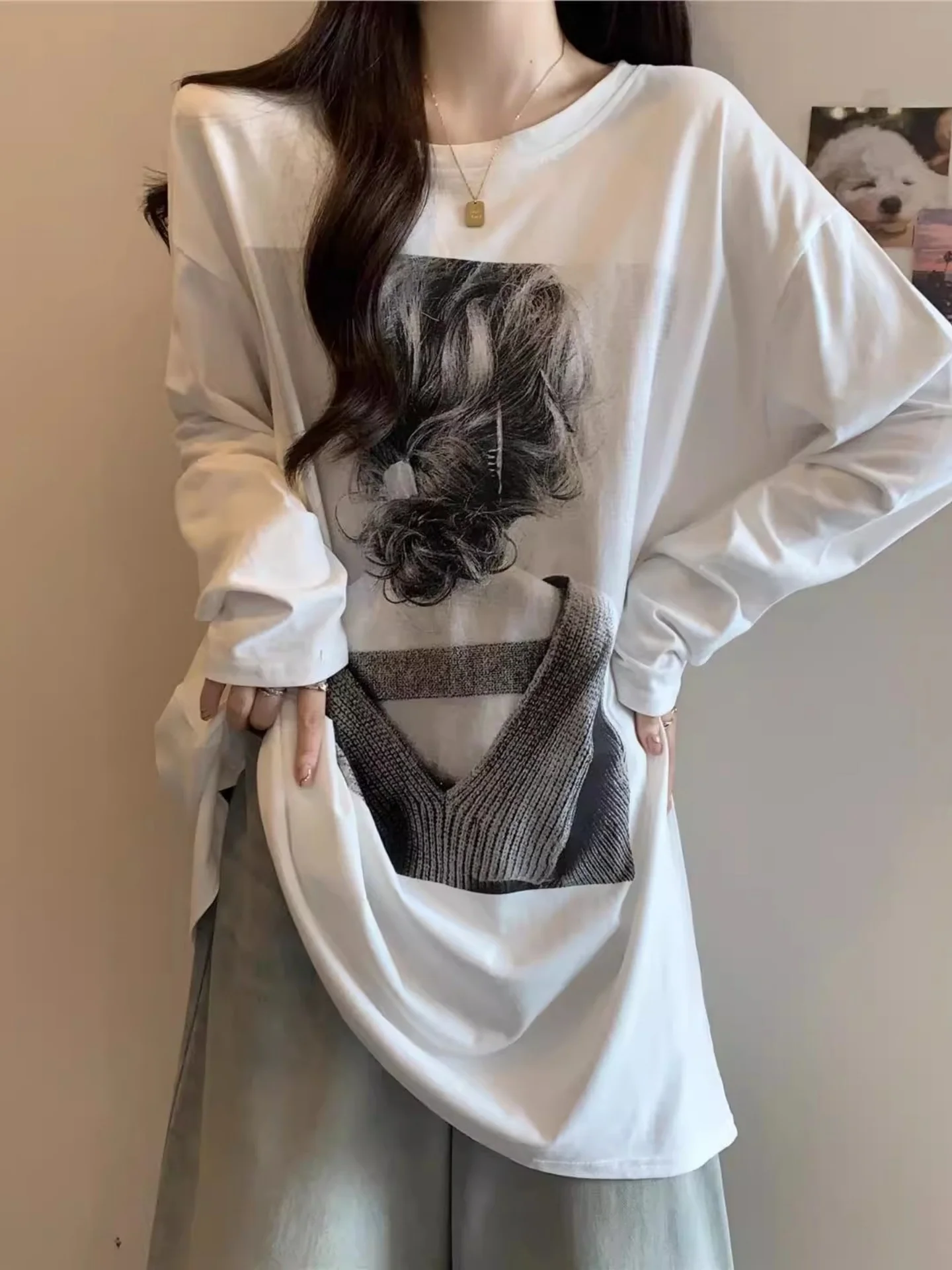 

Slimming Large Size Women's Long Sve T-irt Autumn Winter Loose Fit Mid-Length Printed Commute Sle Faionable Casual Top