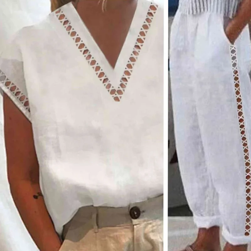 2024 Lady Loose Two Pieces Suits Women\'s Hollowed Out Cotton Linen Lace Suit Spring Summer Casual Pockets Solid Color Top+Pants