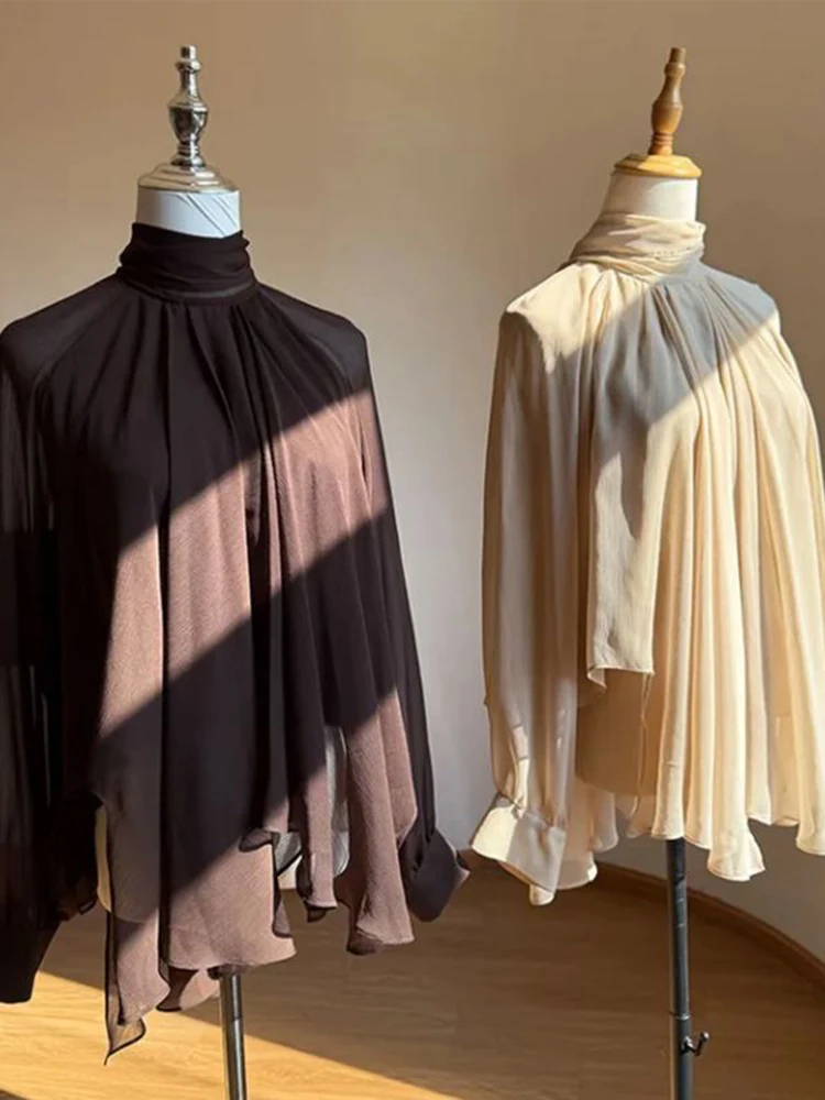 

Шифоновые повседневные рубашки с французской лентой, женские осенние элегантные офисные женские блузки с длинными рукавами, женские однотонные простые винтажные топы