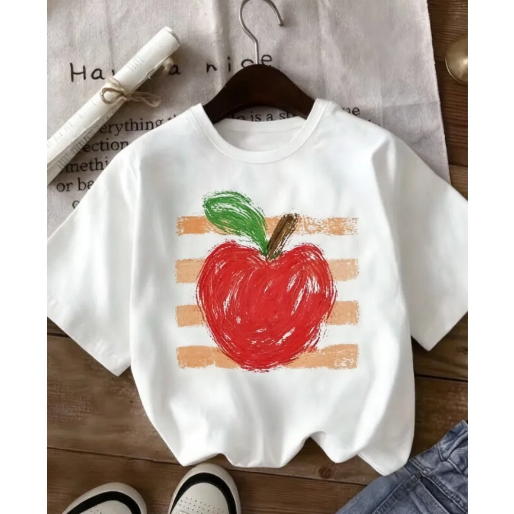 Red Apple T Shirt Women Vintage Hand Drawn Fruit Print T Shirts Female Cute Aesthetic Graphic Tee Casual Short Sleeve Tops