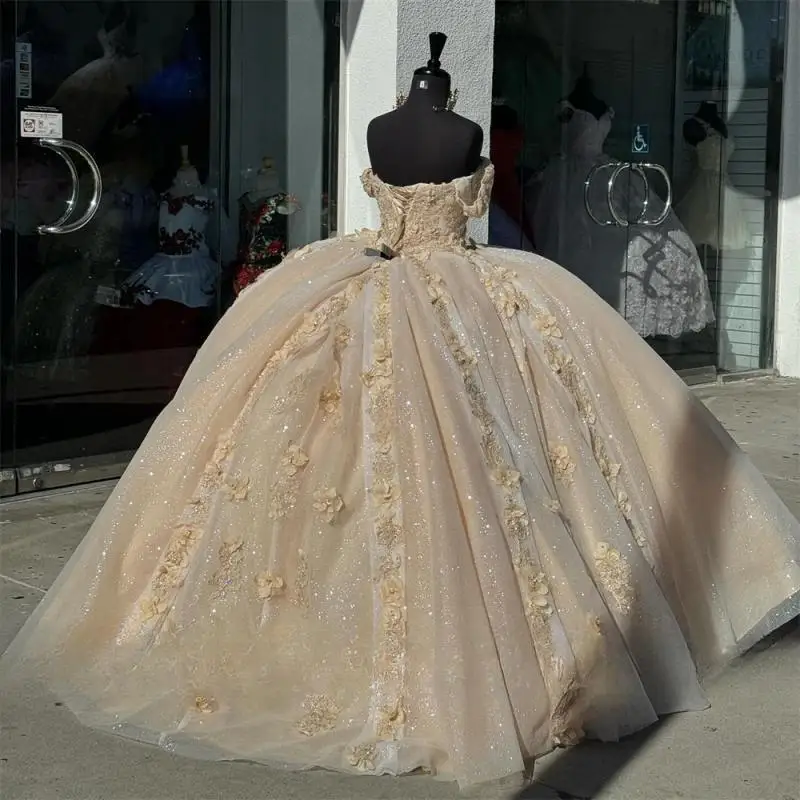 Glamorous Champagne Floral Applique Quinceanera Dresses Beads Ball Gown Formal Occasion Dress vestido para xv años Customized