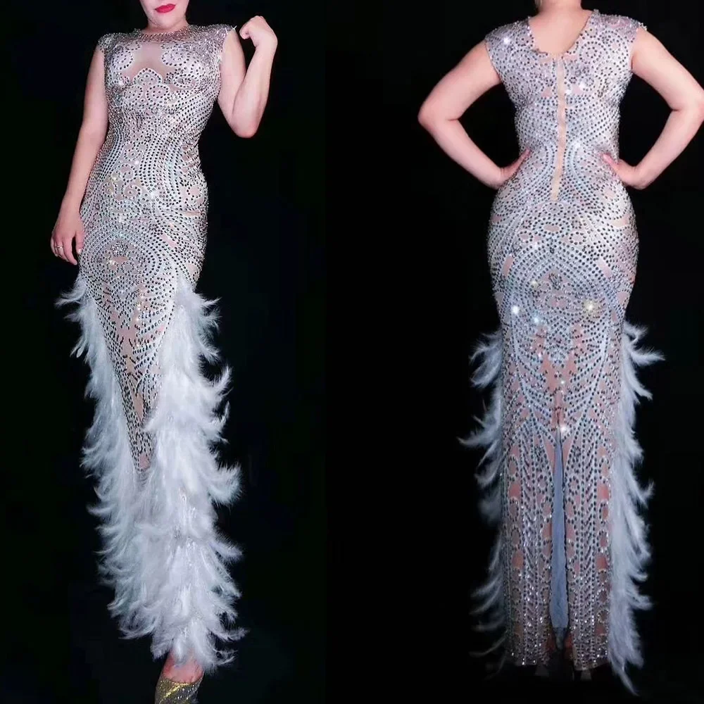 

Women Shining Diamonds White Feather Dresses See Through Mermaid Birthday Prom Bodycon Nightclub Costumes
