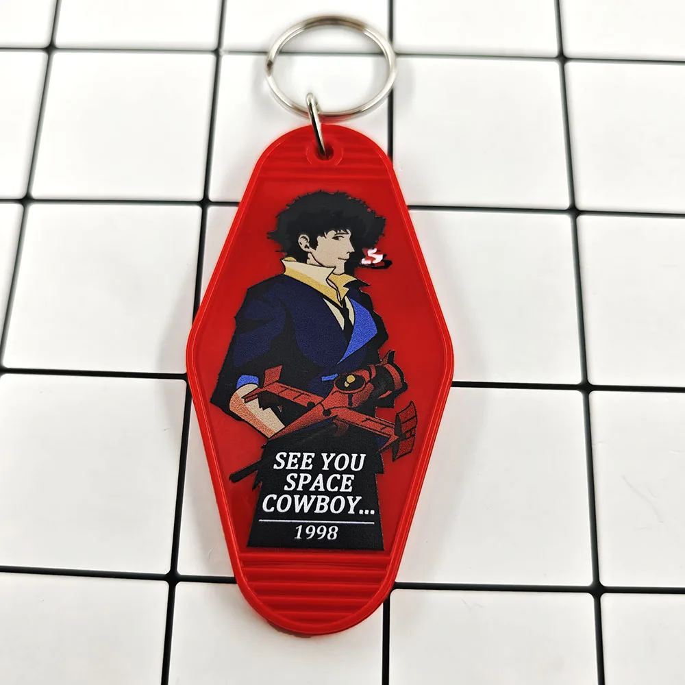 Llaveros de Cowboy Bebop, llavero de anime de Spike Spiegel, llavero de motel, llavero de See You Space Cowboy, colgante para bolso y coche, regalo para fans