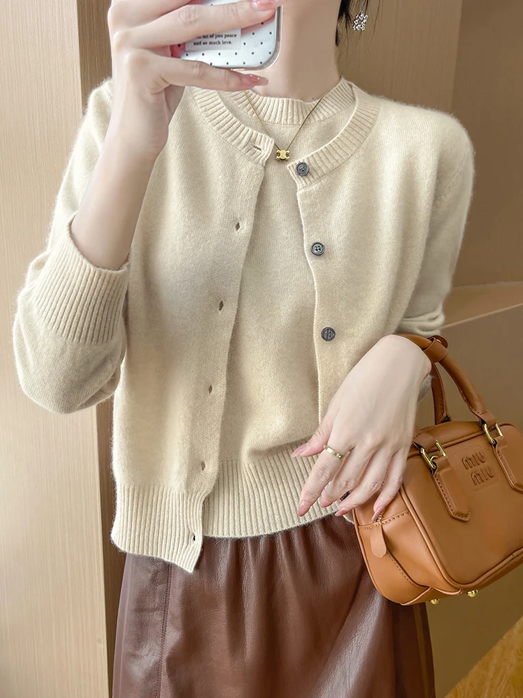 

Women Autumn Winter Basic O-neck Temperament Cardigan Sweater Soft Grace 100% Merino Wool Knitwear Female Twin-set Clothes Tops