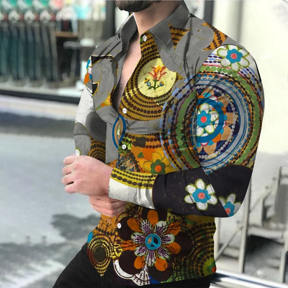 2025 New Spring and Autumn Colorful Splicing Casual Personalized Trendy Men's Long sleeved 3D Printed Shirt Large Shirt