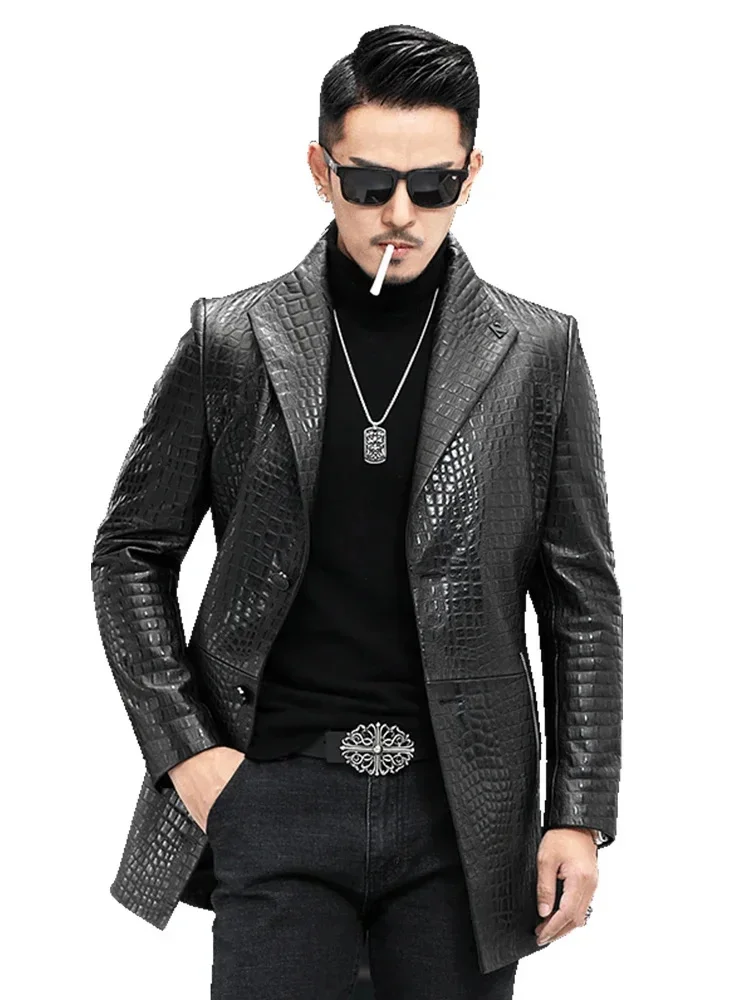 Neue Frühling Herren trend ige Krokodil Muster echte Schaffell Leder Anzug Mantel echte Blazer mittellange Jacke Männer