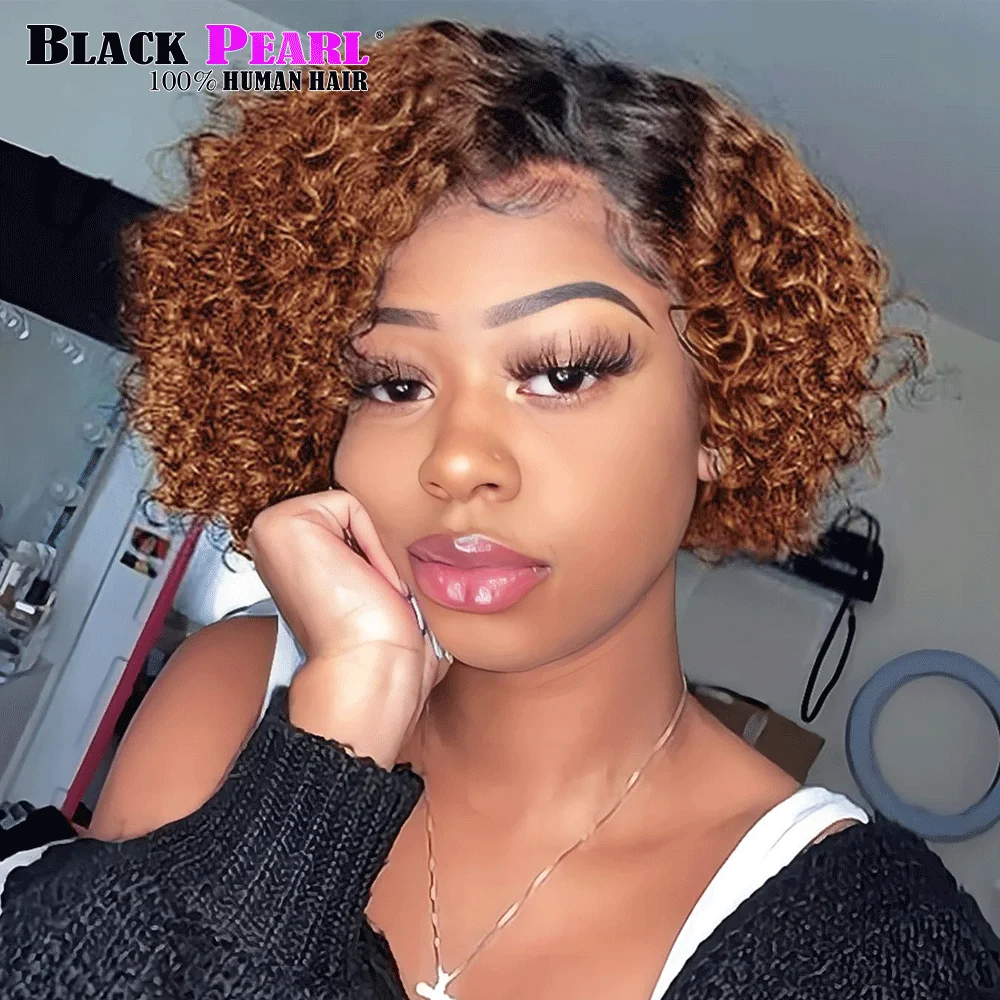 

Short Curly Wigs Pixie Cut Human Hair Wig For Women #1B Brown Brazilian Remy Hair High Density Glueless Side Part Human Wig