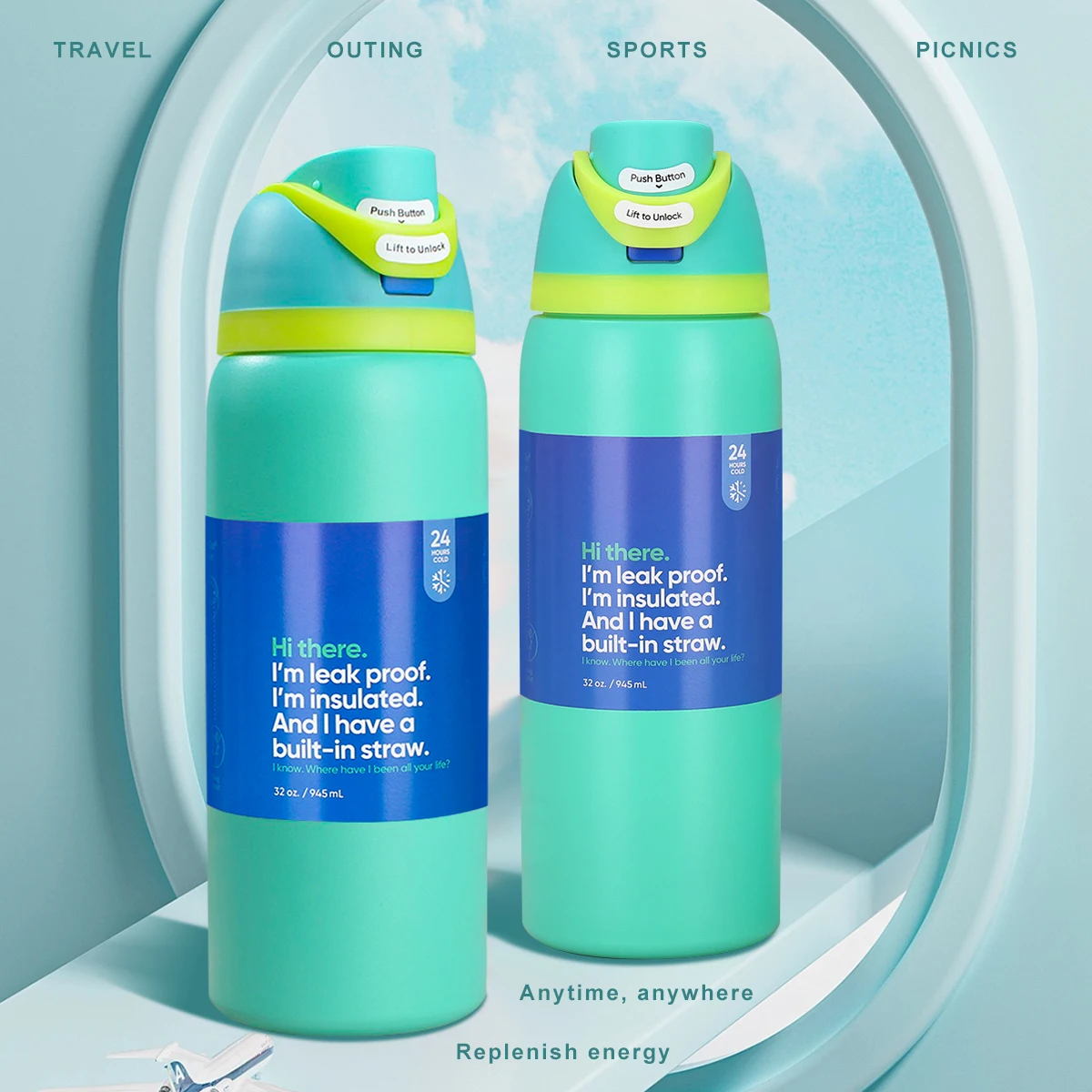 

OwaIayouth зеленый уличный прогулочный двойной напиток, чашка для ледяной коровы, 32 унции/945 мл двойной вакуумный спортивный чайник на открытом воздухе