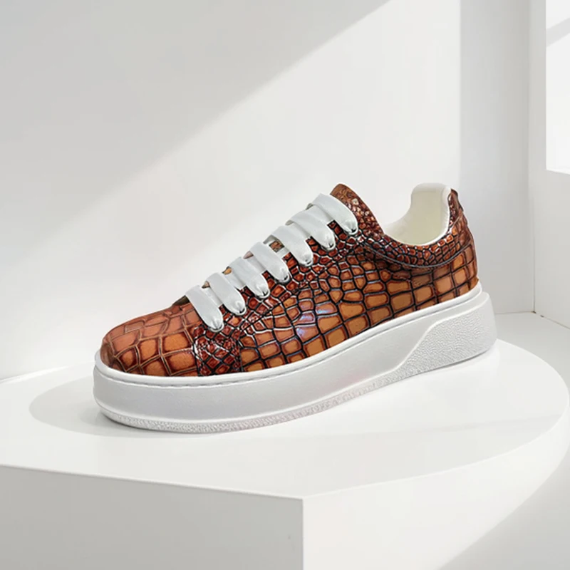 

Brown Platform Casual Shoes Men's Cow Leather Round Toe Low-Top Sneakers Stone Pattern Lace-up Flat Shoes Handmade