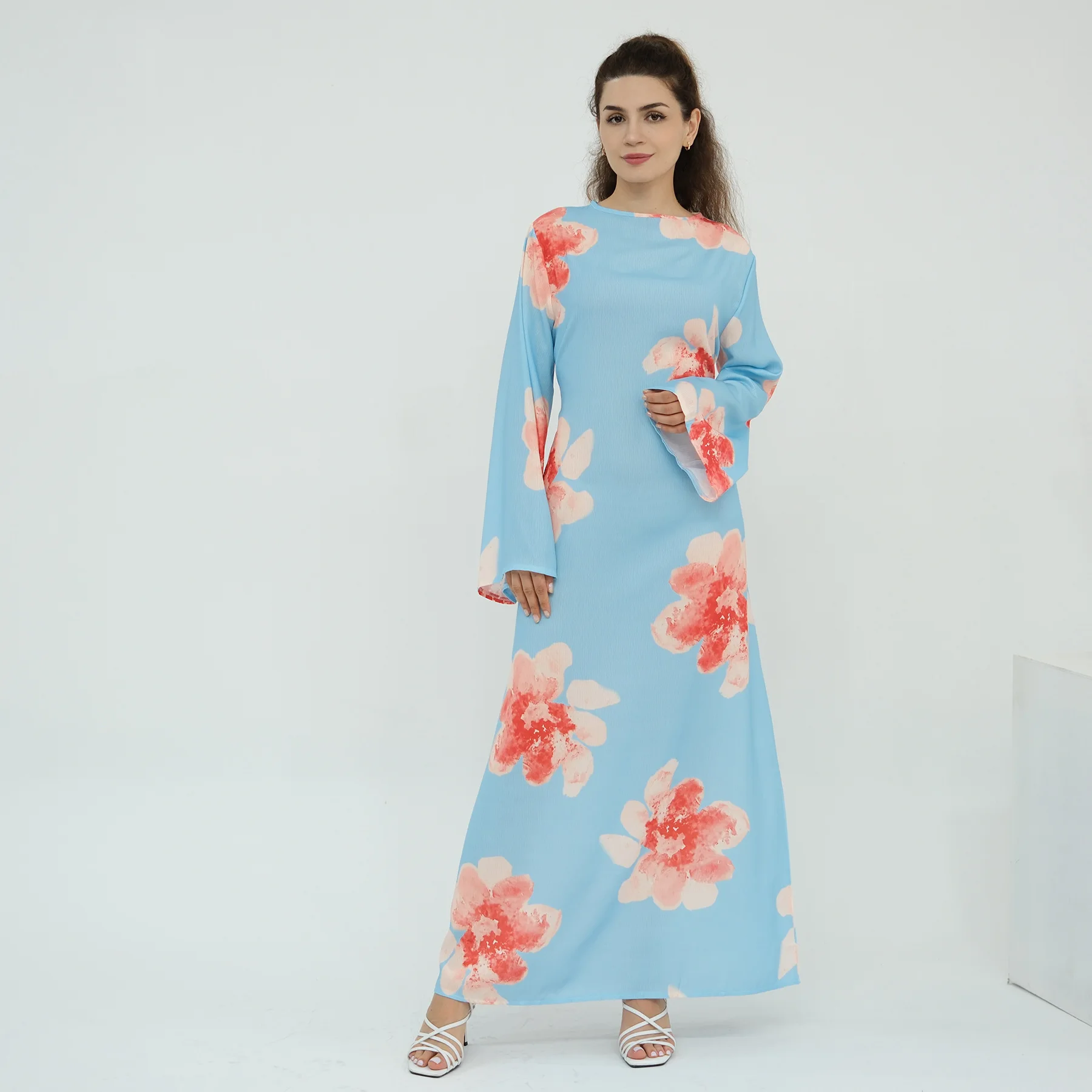 

Women Elegant Flare Sleeve Islamic Robe Maxi Vestidos Muslim Abaya Dubai Sundress Autumn Floral Printed Dresses Kaftan Turkey