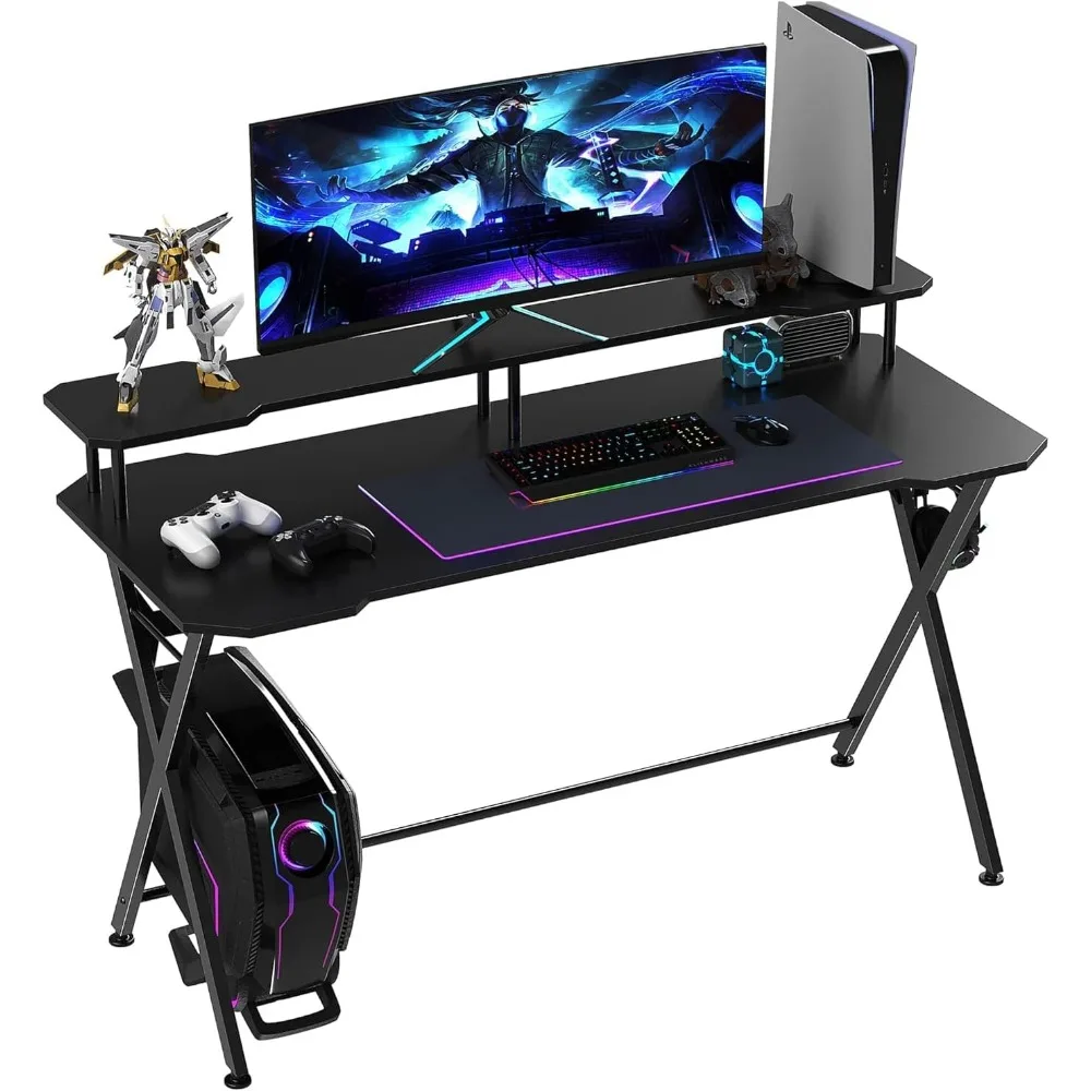 

55 inch Gaming Desk Racing Style Computer Office PC Gamer Workstation with Elevated Monitor Stand, Headphone Hook, Black