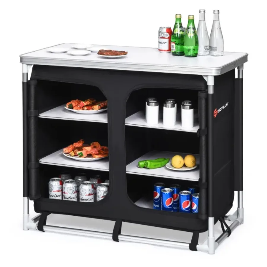 

Portable Camping Kitchen Table with Storage Shelves