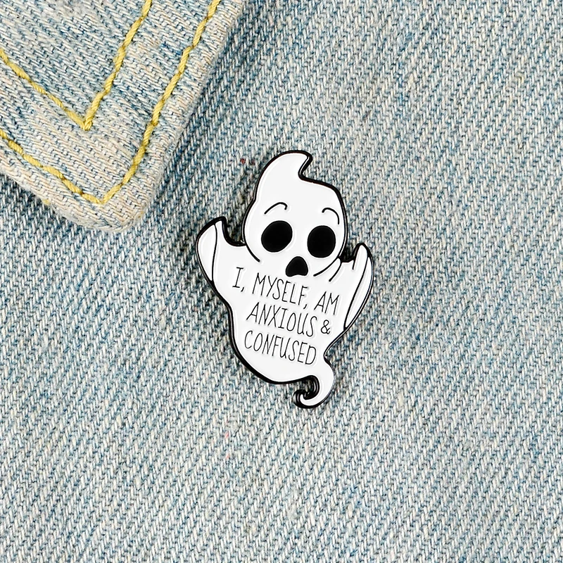 Cute Ghost Baby Enamel Pin Custom Brooches for Shirt Lapel Bag ANXIOUS CONFUSED Badge Halloween Jewelry Gift for Friends