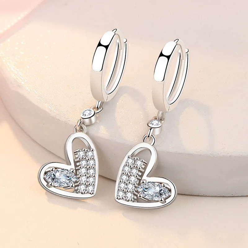 Delicate Solid 925 Sterling Silver White Heart-shaped Zircon Earrings for Women Promise Love Wedding Statement Bijoux Jewelry