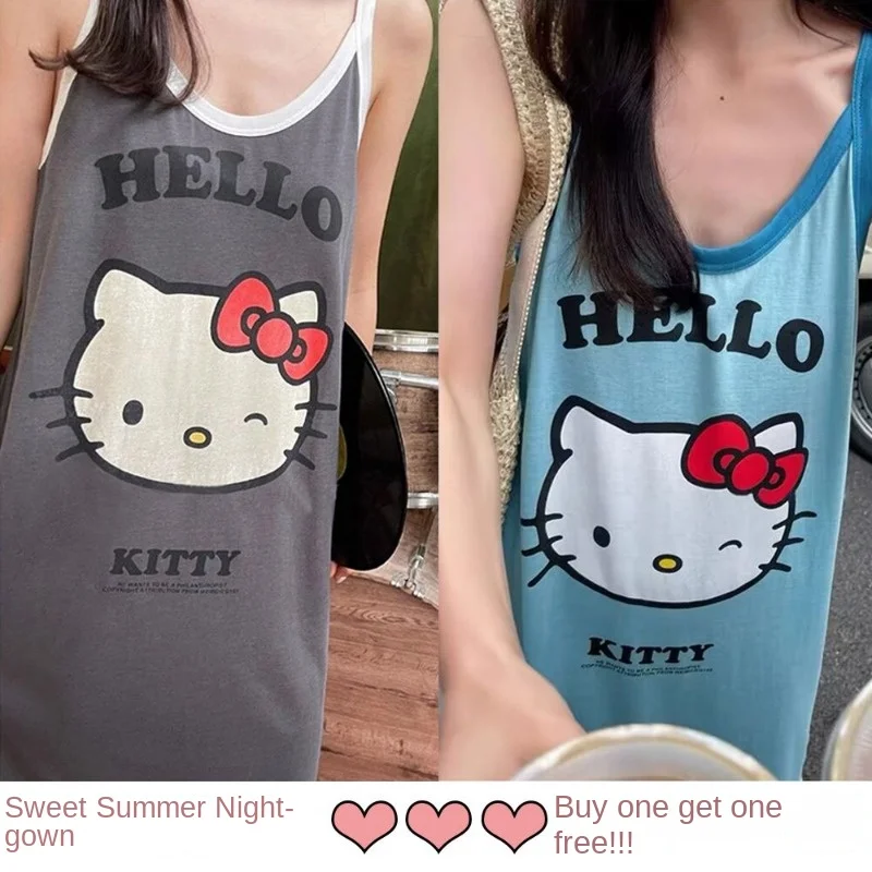 Buy 1 Get 1 Free Hellokitty Kawaii Slip Dress for Women Summer Sales Nightdress Home Dress Outside Casual Loose Large Soft Dress